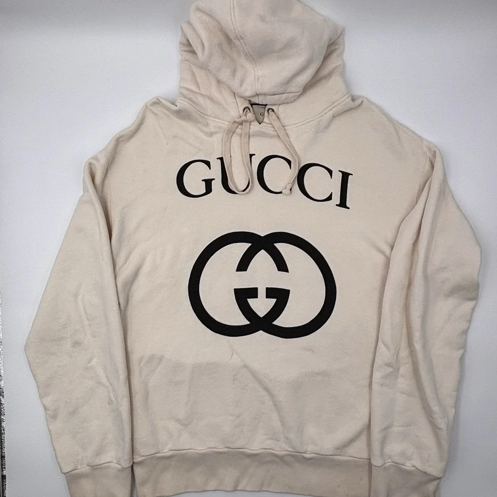 GUCCI Interlocking G Logo Hooded Sweatshirt Cream Men's Size XXL